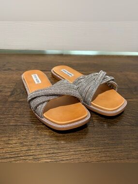 Steve Madden Silver Crystal Crossband Slide Sandals